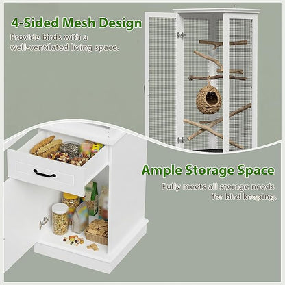 Modern White Tall Bird Cage with Storage Cabinet & Drawer, Elegant Flight Parrot Cage with Slide-Out Tray, Stylish Safe Bird Cages House for Parakeets, Cockatiels, Finches