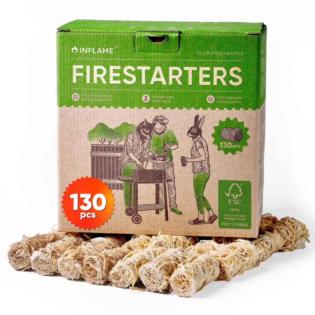 Inflame Fire Starters 130 pcs Fire Starters for Campfires, Grill, BBQ, Fireplace, Woodstove - Charcoal Starter - Waterproof, Weather-Resistant - Natural Wood Fireplace Starters