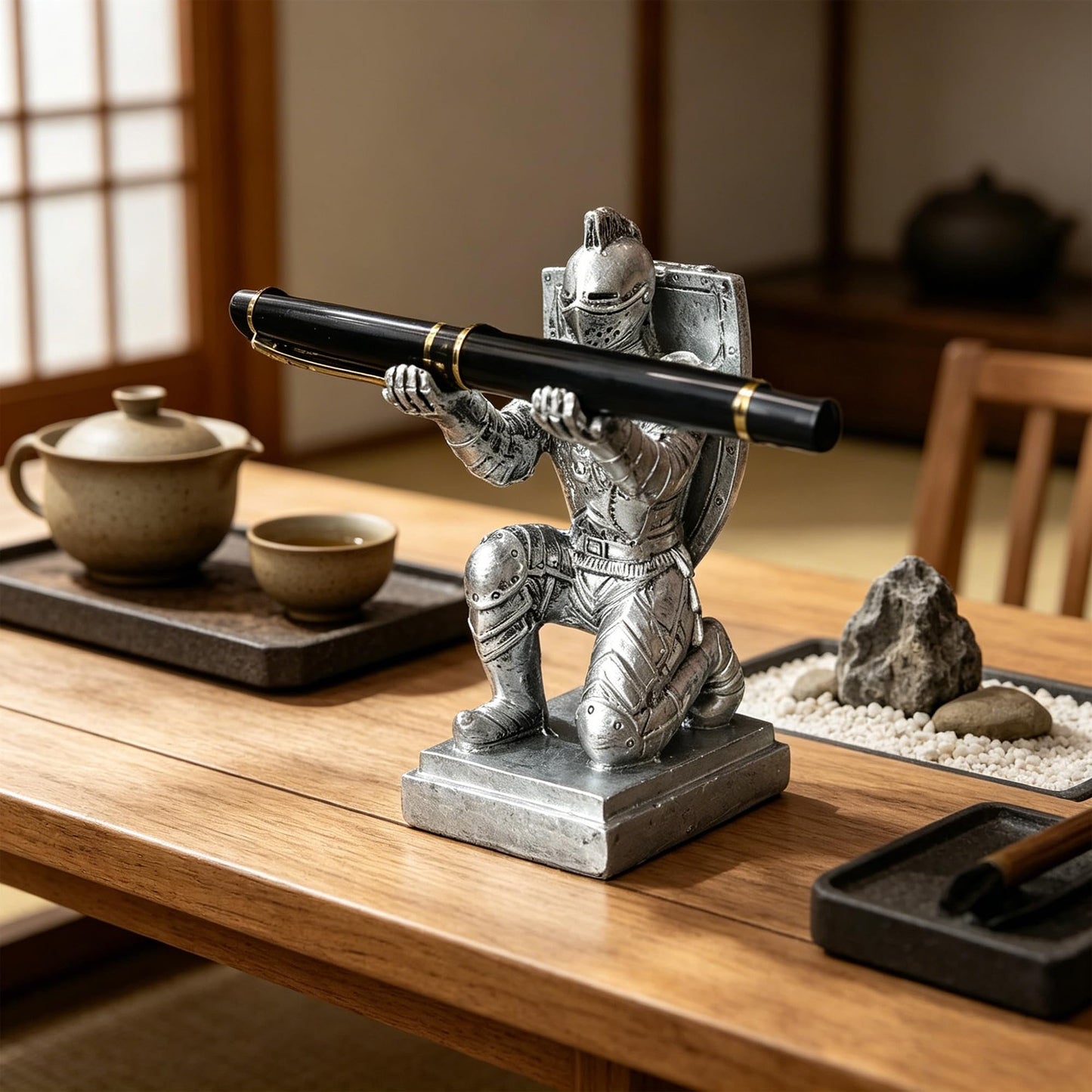 Resin Soldier Shield Knight Decor Statue Pen Holder Base for Desk, Desktop Organizer Pencil Stand Display for Office, School, Home, as Gift for Men Father