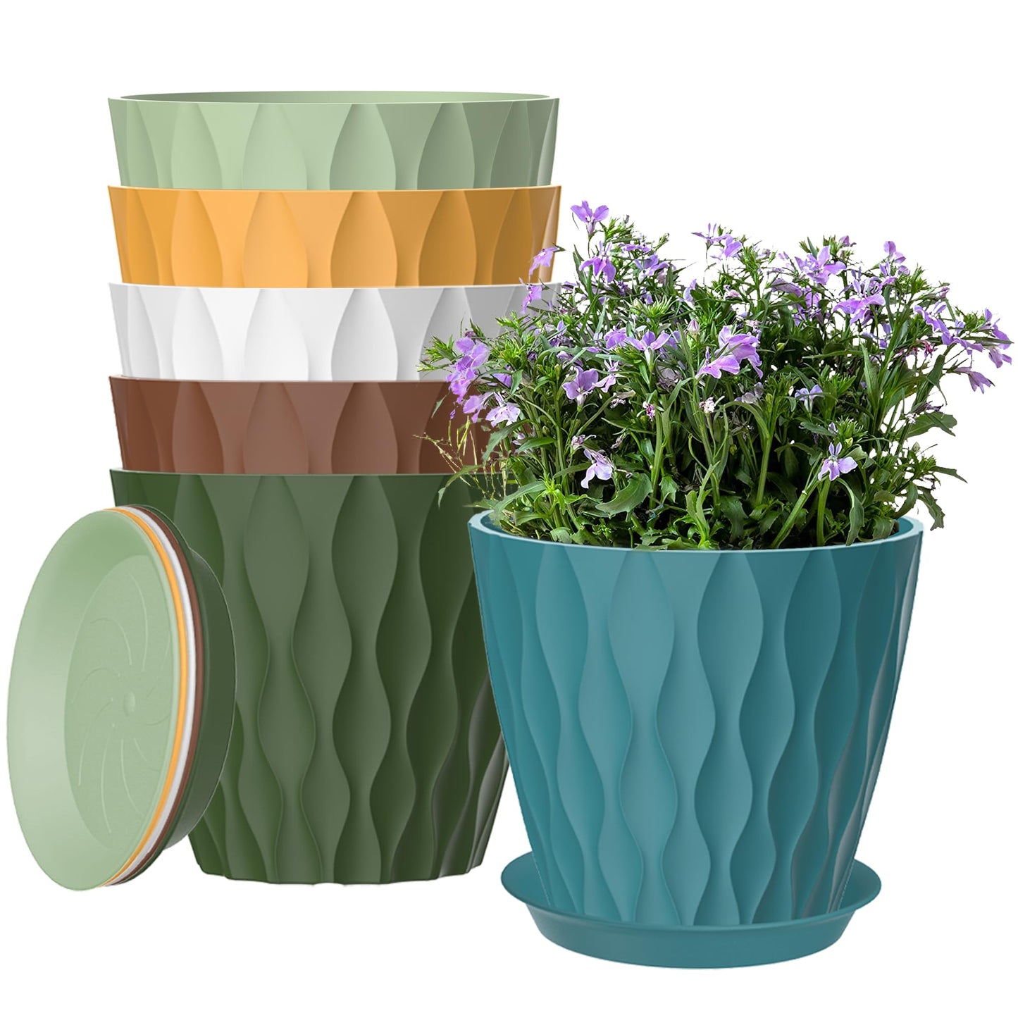 zople 6 Pack 7 Inch Plant Pots with Drainage and Saucers, Multicolour Plastic Flower Pots for Indoor and Outdoor Plants, Stackable Nursery Planters for Houseplants and Herbs, Multicolour