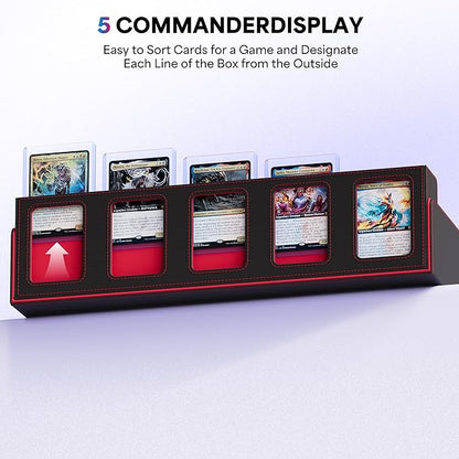 UAONO Trading Card Storage Box with Commander Display;3900+ Card Box for MTG, Removable Cover; 5 Row Case fits MTG TCG Sports Cards 48 Dividers,5 Stoppers,5 Top Loaders,1 Dice Box(Black, Red)