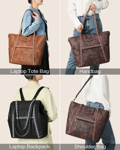 FADEON Large Laptop Tote Bag for Women Designer Leather Laptop Bag Fashion Travel Backpack Purse Shoulder Handbag Purple
