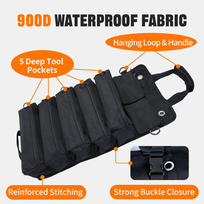 AASTT Portable Foldable Roll Up Tool Bag, Heavy Duty Tool Organizer Bag with 5 Compartments & 2 Detachable Pouches for Tools Storage, Waterproof Tool Roll Bag for Dad Men Electrician Mechanic Gifts