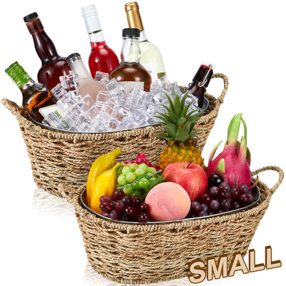 Domensi 2 Pcs Small 11.4L 3 Gallons Ice Bucket with Wicker Outer Basket Handle Beverage Tub Grass Rope Woven Detachable Farmhouse Galvanized Bucket for Party Seaside Bar Buffet Wine Beer Bottle