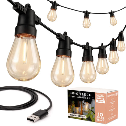 Brightech Ambience Pro USB Powered String Lights - 24 Ft Commercial Grade Waterproof String Lights - Outdoor Shatterproof Patio Lights for Camping, Backyard, Porch, Christmas - 1W 12 Bulbs, Warm White