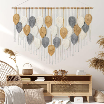 KHOYIME Large Macrame Wall Hanging Boho Woven Tapestry, Chic Modern Home Decor Bohemian Farmhouse Handmade Leaf Feather Wall Art Decorations for Living Room Bedroom Nursery Dorm Backdrop 51.5"W X 33.5"L
