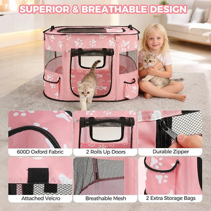 Homimp Portable Pet Playpen for Indoor Cats & Puppies, Foldable Dog Playpen Outdoor Tent Crate Cage with Pee Pad & Carry Bag, Pet Crate with Mesh Sides for Small Animals Travel, Pink S