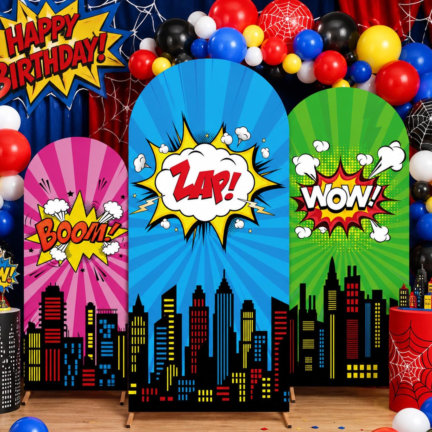 3 Pcs Hero Web Arch Backdrop Covers Spider Party Decorations Hero Theme Spandex Stretchy Arched Cover Spider Theme Photography Background for Cosplay Photo Props Wedding Birthday Baby Shower Decor
