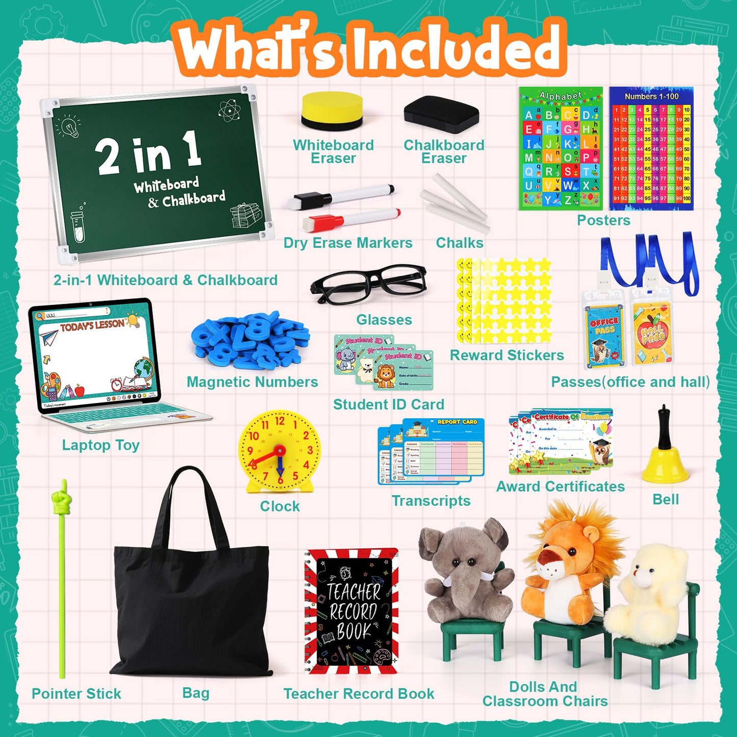 Alritz Pretend Play Teacher Set, School Stuff, Role Play Preschool Learning Activities Classroom Set for Girl Boys Include Dolls, Toy Laptop, Black Board, Birthday Gift 5 6 7 8 9+ Years Old