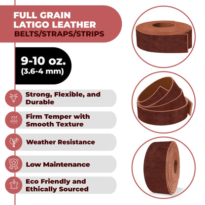 ELW 9-10 oz (3.6-4mm) Latigo Leather Belt Grade Straps & Strips | Size: 1"x50" (2.5x127cm) | Russet | Full Grain Cowhide, Heavy Duty Holsters, Sheathes, Harness, Saddle, Guitar Straps, DIY Crafts