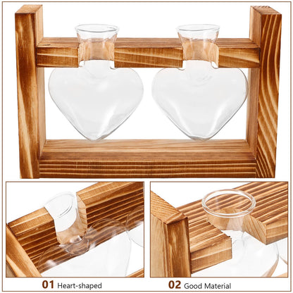 Unomor Wooden Stand Glass Terrarium Plant Holder Heart Shaped Vase Hydroponic Indoor Garden Decor with 2 Glass Containers for Home Office