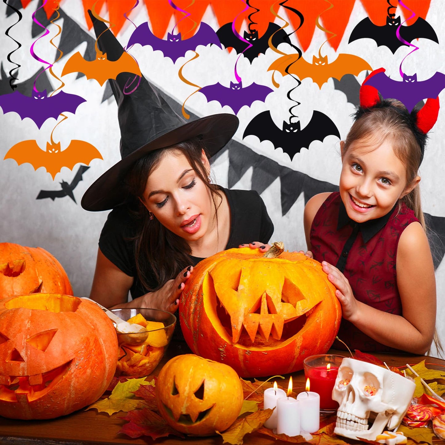 YQUQWN 46 PCS Halloween Bat Hanging Swirl Decorations Black Orange Purple Flying Vampire Bat Ceiling Decor for Kids Halloween Party Door Office Party Supplies