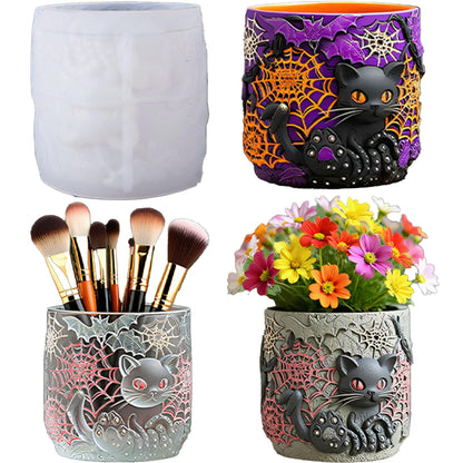 QUDYNZAL 1Pc Gothic Black Cat Jar Silicone Mold 3D Spooky Spiderweb Resin Mold for Epoxy Casting, Concrete DIY Makeup Brush Holder Succulent Planter Pen Cup Candle Handmade Halloween Gifts Home Decor