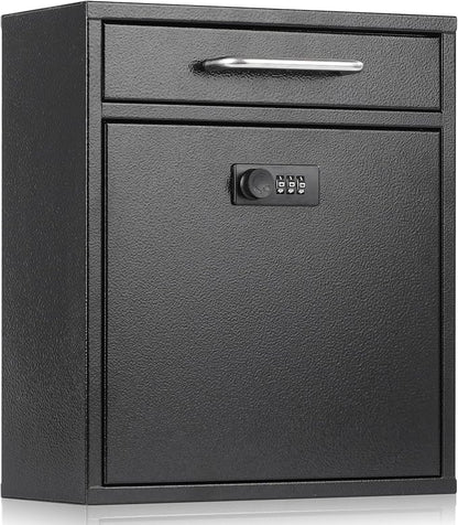 xydled Wall-Mount Mailboxes with Combination Lock, Steel Combination Lock Mail Boxes Outdoor, Locking Wall Mount Mailbox, Security Key Drop Box, 13.4H x 11.6L x 5.8W Inches, Black, Large
