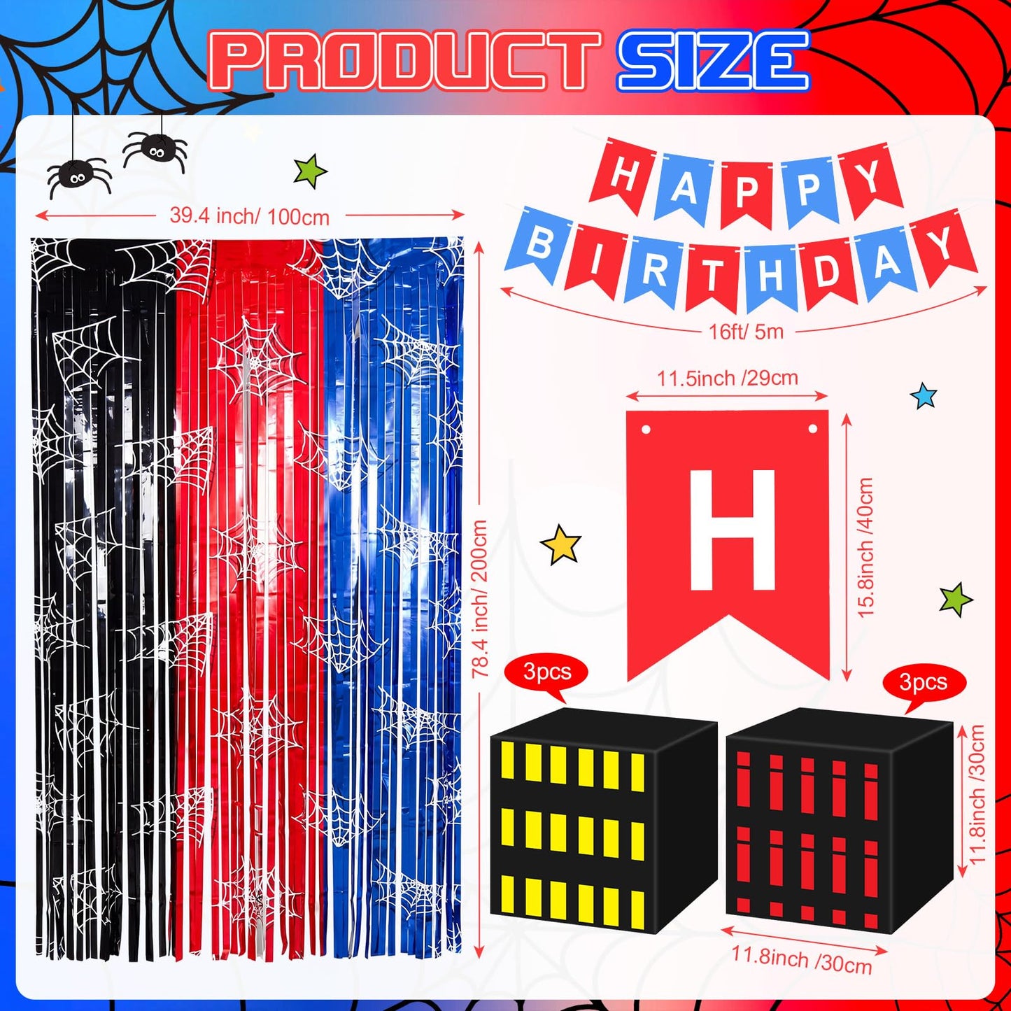 Sliner 47 Pcs Spider Web Birthday Decorations, Tinsel Foil Fringe Curtains Balloons Skyscraper City Boxes set, Spider Party Supplies Red Black Blue Photo Booth Prop Backdrop Streamer, Backdrop Decor