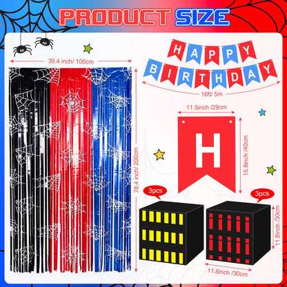 Sliner 47 Pcs Spider Web Birthday Decorations, Tinsel Foil Fringe Curtains Balloons Skyscraper City Boxes set, Spider Party Supplies Red Black Blue Photo Booth Prop Backdrop Streamer, Backdrop Decor