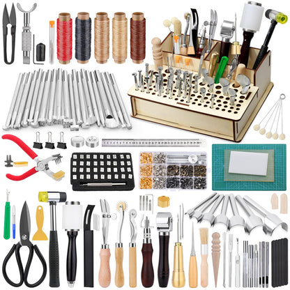 447 Pcs Leather Working Tools, Leather Working Kit for Cutting Punching Stamping Stitching with Instruction & Storage Case, for Saddle Making, DIY Projects
