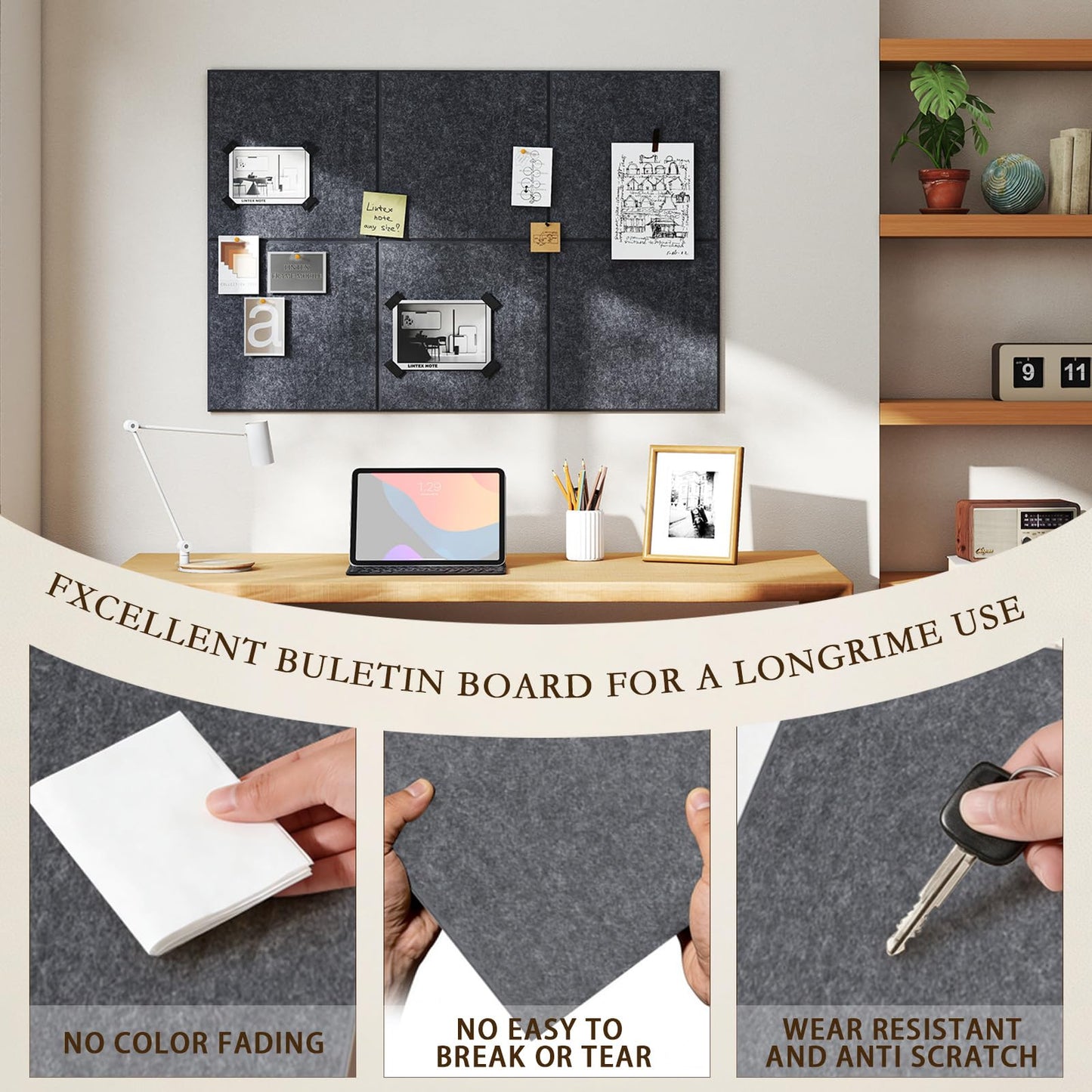 JBER Large Felt Bulletin Board 36" x 24" - 6 Pack Felt Wall Tiles, Cork Board Alternative to Use in Office & Home Decor, Classroom Decor, Vision Board to Display Your Photos(Dark Gray)