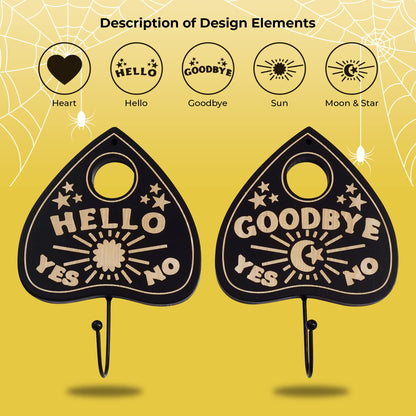 Ella & Emma Wall Mounted Coffin-Shaped Key Holder - Planchette/Hamsa Hand Key Holder, Gothic Home Decor Wall Hanger with Hook -Spooky Halloween Decor for Home - 2 Pieces (Planchette)