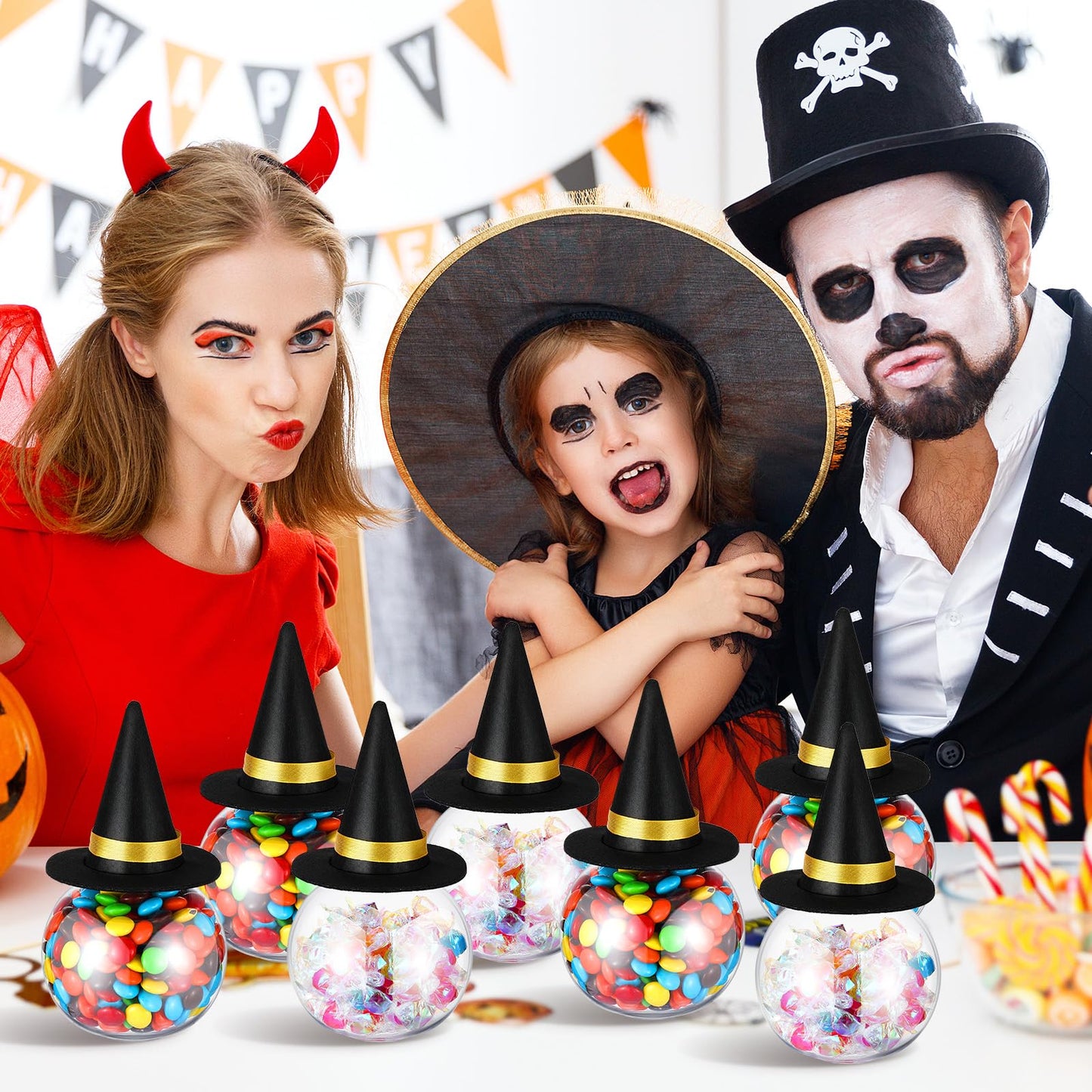 Baderke 12 Pcs 13.5 oz Spherical Plastic Potion Bottles with Hat Ball Shape Round Bottles for Drink Candy Jar Halloween Table Decoration DIY Crafts Gifts(Black)