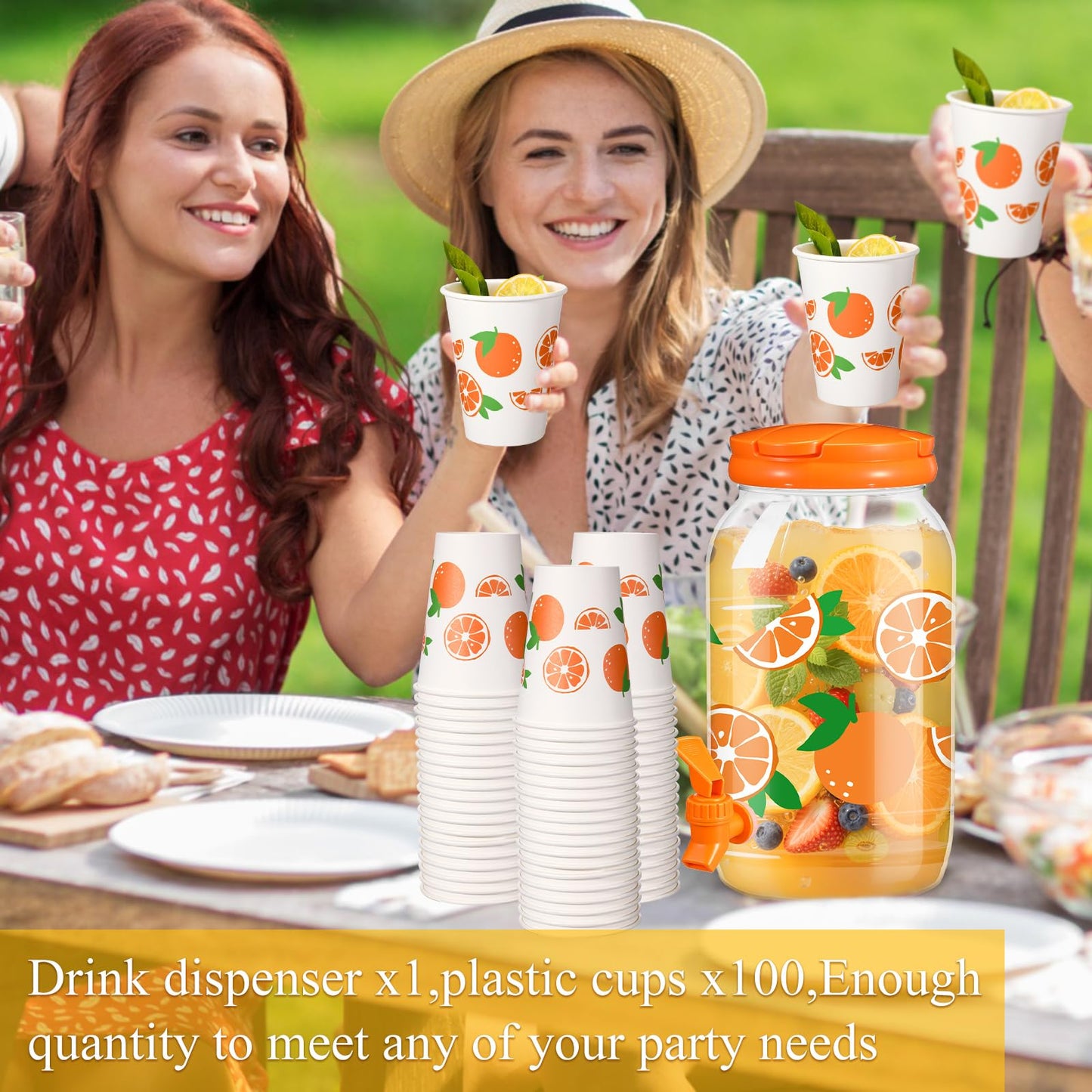Umigy Tree Clear Plastic Drink Dispenser with 20 Pcs 12 oz Tropical Paper Cups 1 Gallon Kitchen Fridge Beverage Dispenser Plastic Water Dispenser with Spigot for Juice Tea Beer(Orange)