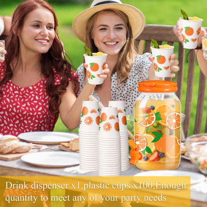 Umigy Tree Clear Plastic Drink Dispenser with 20 Pcs 12 oz Tropical Paper Cups 1 Gallon Kitchen Fridge Beverage Dispenser Plastic Water Dispenser with Spigot for Juice Tea Beer(Orange)
