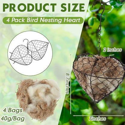 Menkxi 4 Pcs Bird Nesting Material, Hummingbird Nest Gift Enjoy Birds Gardening Outside Cute Decor Refillable Nesting Gift for Bird Lovers, Spring Garden Decoration Gifts (Heart Shaped)