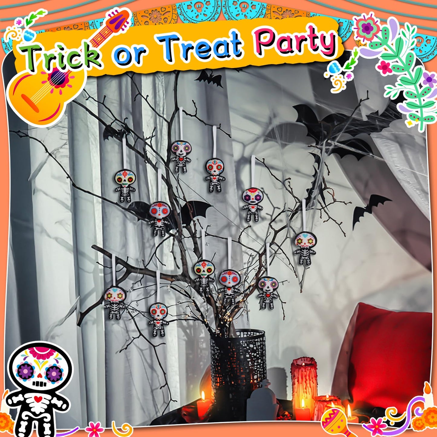 Remagr 12 Pcs Dia De Los Muertos Felt Ornaments, Mexcian Skeleton Halloween Ornaments for Day of The Dead Themed Party School Bags Indoor Outdoor Tree Hanging Decorations (Skull)