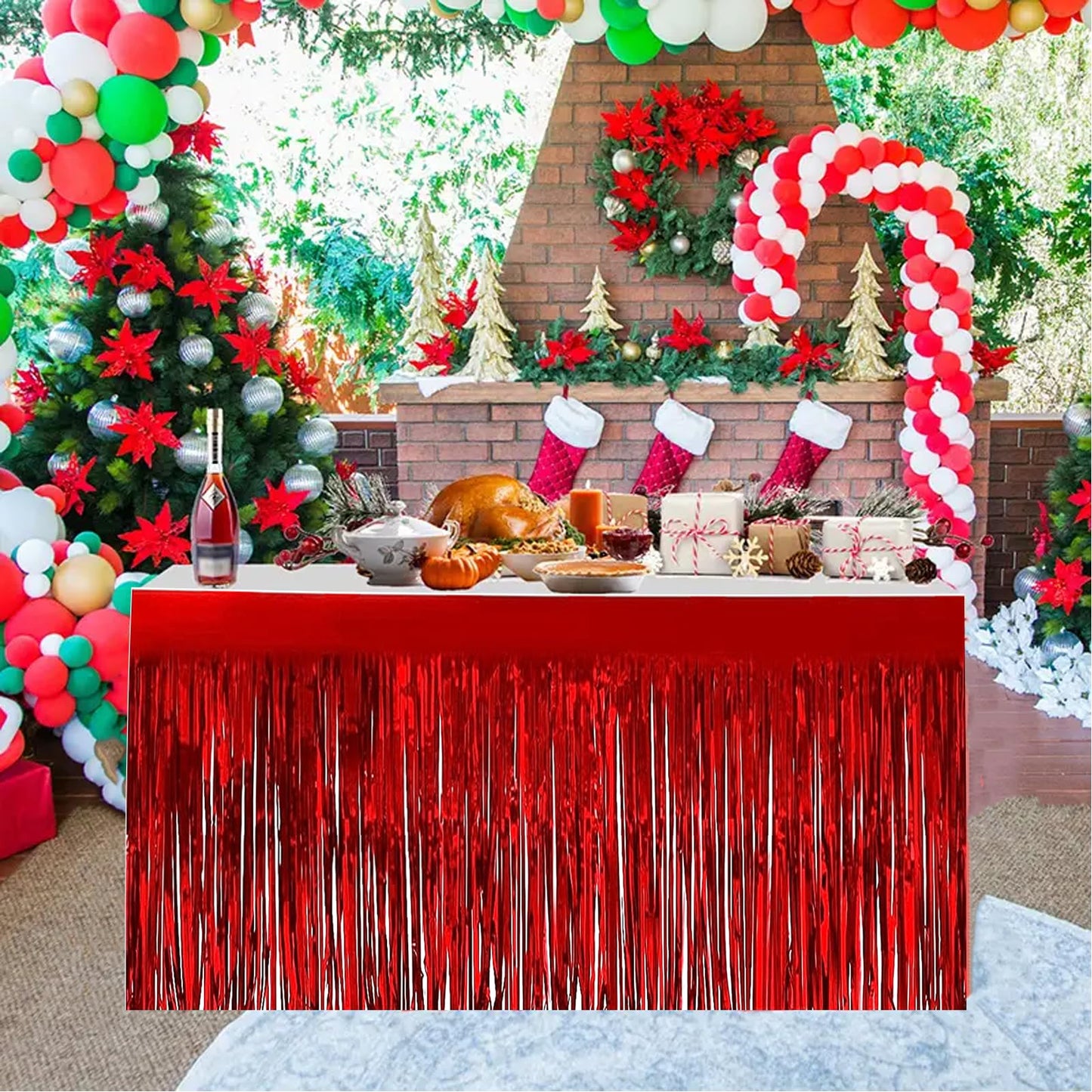 6 PCS Red Metallic Foil Fringe Tinsel Table Skirts 9 Feet x29.5 Inch for Rectangle Tables, Tinsel Backdrop Curtains,Party Supplies,Wedding, Birthday, Parade Floats, Christmas Decorations