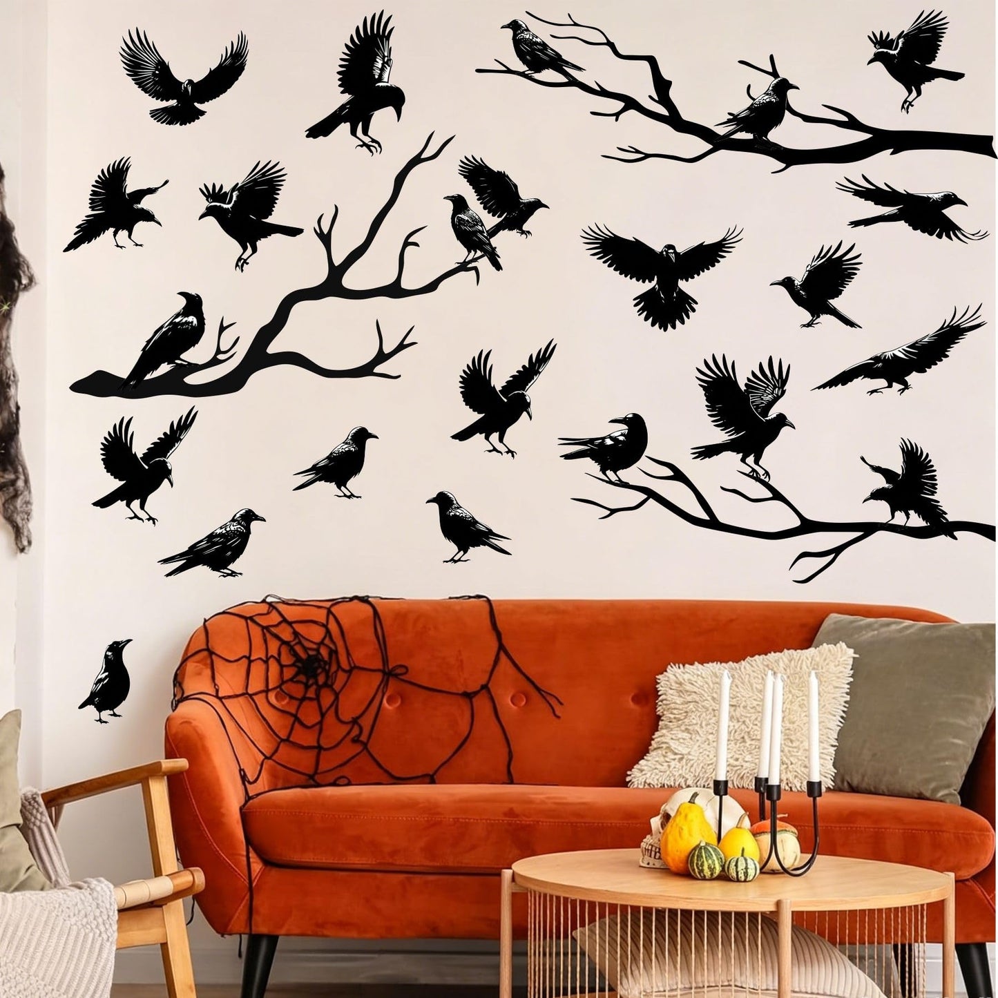 Halloween Raven Wall Decal Sticker Black Crow Window Cling Stickers Removable Tree Branch Wall Decals Peel and Sticker Home Office Glass Decor