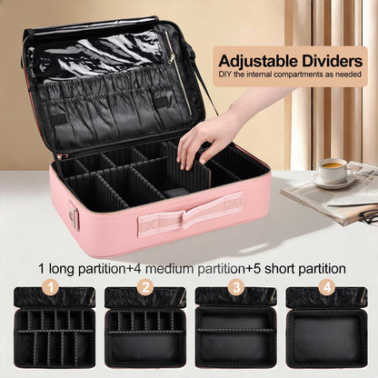 Travel Makeup Bag with Brush Holder, Professional Cosmetic Train Case Organizer, Portable Travel Makeup Brush Carry Case Artist Storage Box with Adjustable Dividers and Shoulder Strap, Leather Pink