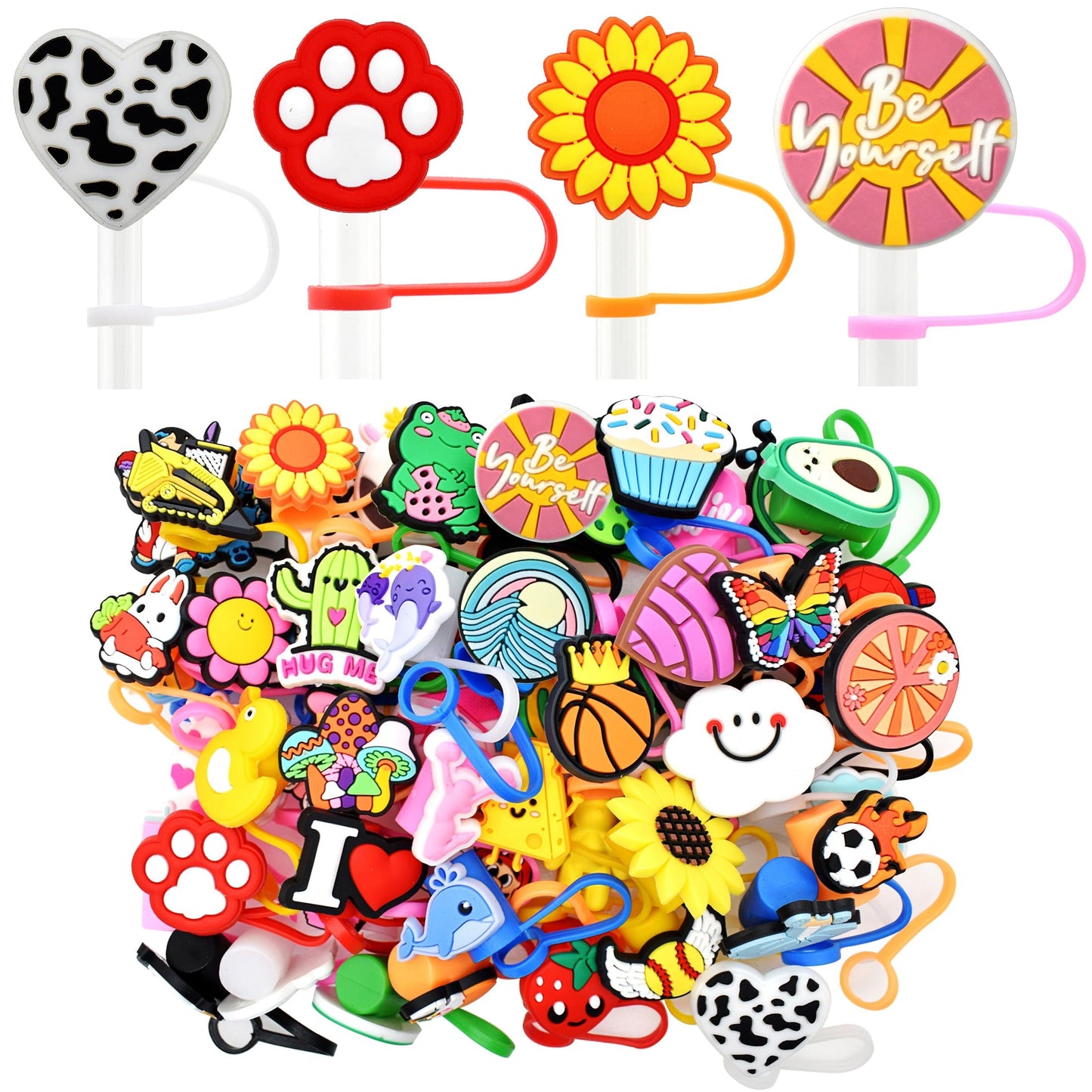 Gibleitz Random Different 10mm Straw Cover Caps for Tumbler Cup,40PCS Mixed Cute PVC Straw Toppers, Dust-Proof and Reusable,Party Gifts