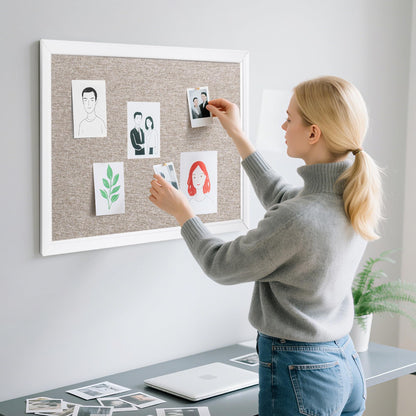 VUSIGN Linen Bulletin Board, 30'' x 20'' Large White Cork Board Decorations, Wall Mounted White Framed Cork Boards, Fabric Pin Boards for Walls with 10 Pushpins for Home, School, Office