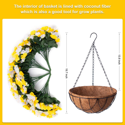 INXUGAO Artificial Hanging Flowers with Basket for Outdoor, Fake Hydrangea UV Resistant Arrangements in Pot Planter Spring Summer Decor for Porch Garden Yard(Yellow White)