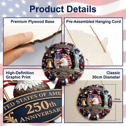 250 Anniversary USA Wreath, Wooden Eagle Door Sign 177-2026 Patriotic Front Door Decor for 4th of July Independence Day Home Porch Wall, 11.8 Inch