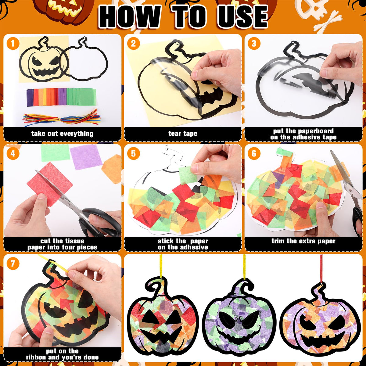 Yaomiao 30 Set Halloween Pumpkin Suncatchers Paper Crafts Kit DIY Shaped Stained Glass Effect Tissue Paper Hanging Suncatchers for Halloween Home Birthday Party Favors Gifts