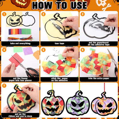 Yaomiao 30 Set Halloween Pumpkin Suncatchers Paper Crafts Kit DIY Shaped Stained Glass Effect Tissue Paper Hanging Suncatchers for Halloween Home Birthday Party Favors Gifts