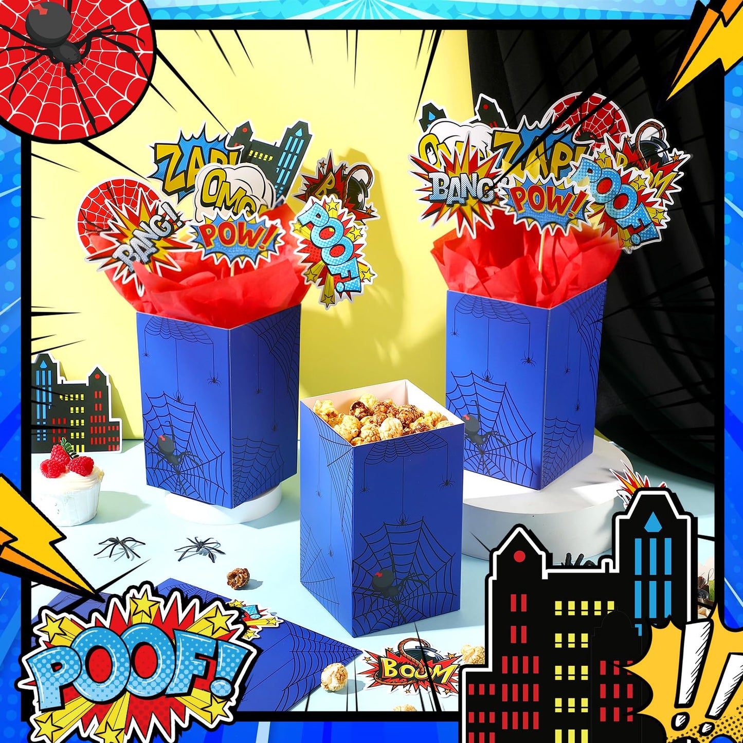 MotiMind 6 Sets 74 Pcs Spider Party Centerpieces Spider themed Party Decorations Table Toppers with Box Circus Sound Effect Cutouts and Sticks Tissue Paper for Baby Shower Birthday Decor