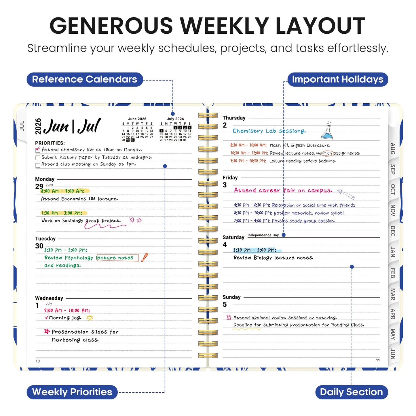 Planner 2026-2027, Academic Year Weekly and Monthly Calender Planner, from Jul 2026 - Jun 2027, Spiral Bound School Planning Book, Perfect for Teacher, Student, Women & Men, A5 (6.3" x 8.5"), Indigo Tulips