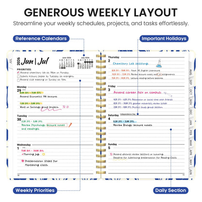 Planner 2026-2027, Academic Year Weekly and Monthly Calender Planner, from Jul 2026 - Jun 2027, Spiral Bound School Planning Book, Perfect for Teacher, Student, Women & Men, A5 (6.3" x 8.5"), Indigo Tulips