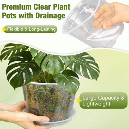 FUOAUYK 12 Inch Clear Nursery Pots with Drainage and Saucers, 5 Pack Large Clear Plastic Nursery Pots for Plants, Seedling Plant Pots for Repotting and Growing Plants, Flowers & Vegetables (12 inch)