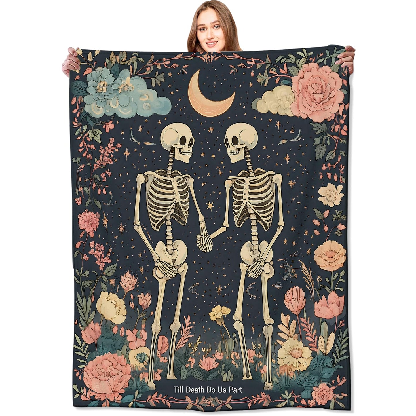 VODRM Gothic Skull Blanket Skeleton Romantic Throw Blankets with Flowers & Crescent Moon,Birthday Gifts for Kids Adult,Lightweight Soft Fleece,for Sofa Couch Bed Room Goth Halloween Decor 50x60in