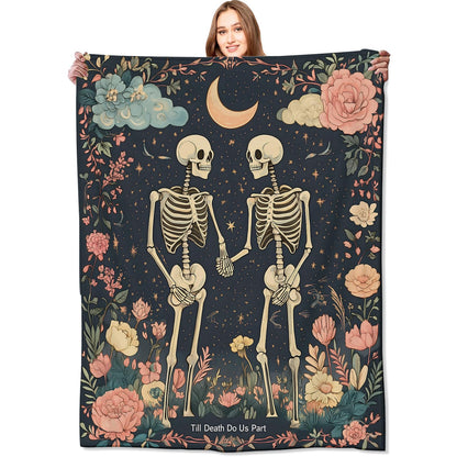 VODRM Gothic Skull Blanket Skeleton Romantic Throw Blankets with Flowers & Crescent Moon,Birthday Gifts for Kids Adult,Lightweight Soft Fleece,for Sofa Couch Bed Room Goth Halloween Decor 50x60in