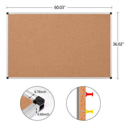 Board2by Large Cork Bulletin Board 60" X 36", Silver Aluminum Framed Corkboard for Wall, Wall Mounted Notice Pin Board with Push Pins for School, Home & Office - 5' x3' Corkboard