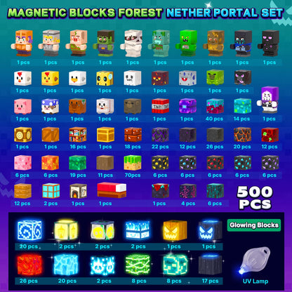 IGIVI 500PCS Magnetic Blocks with Light Up Blocks, Build Mine Magnet World Set, Magnetic Cubes STEM Game Toys for Kids Ages 4-6 6-8 8-12, Christmas Birthday Gifts for 3+ Years Old Boys & Girls