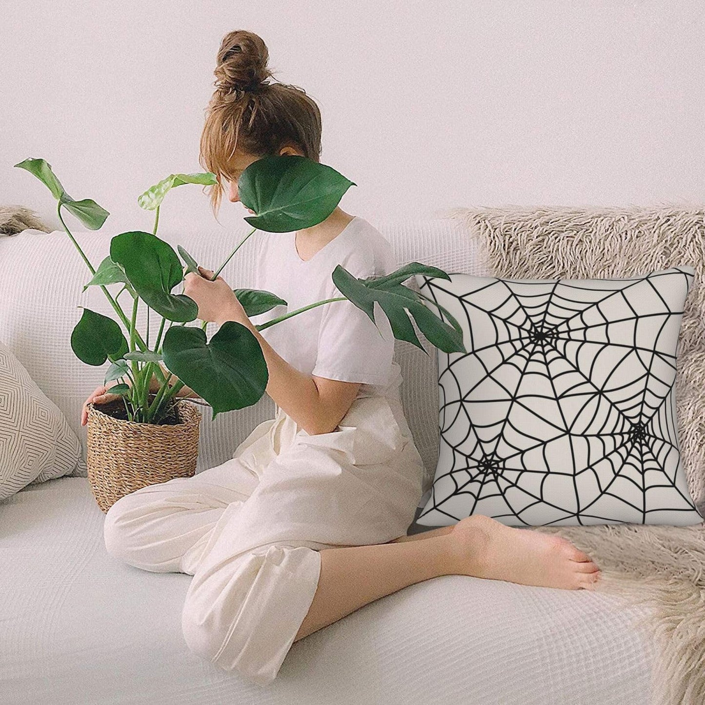 Wsunsal Halloween Pillow Covers 20x20 Inch Set of 2, White Spider Web Decor Throw Pillows Holiday Halloween Outdoor Decorative Pillows Square Linen Cushion Covers for Home Bed Couch Sofa