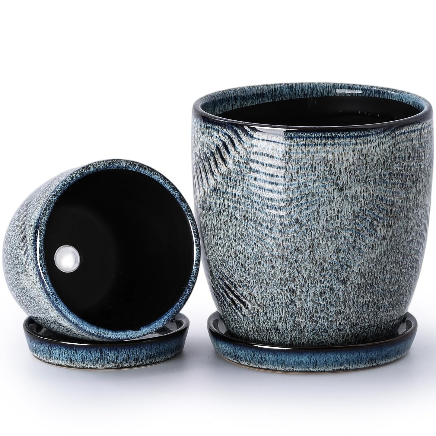 Pkeo Bbun 4+6 Inch Ceramic Planter Set of 2 with Drainage Hole and Saucer for Plants, Indoor-Outdoor Large Round Succulent Orchid Flower Pot -Inner-pots not Larger Than 5 Inch Reactive Glaze Blue