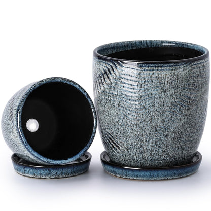 Pkeo Bbun 4+6 Inch Ceramic Planter Set of 2 with Drainage Hole and Saucer for Plants, Indoor-Outdoor Large Round Succulent Orchid Flower Pot -Inner-pots not Larger Than 5 Inch Reactive Glaze Blue