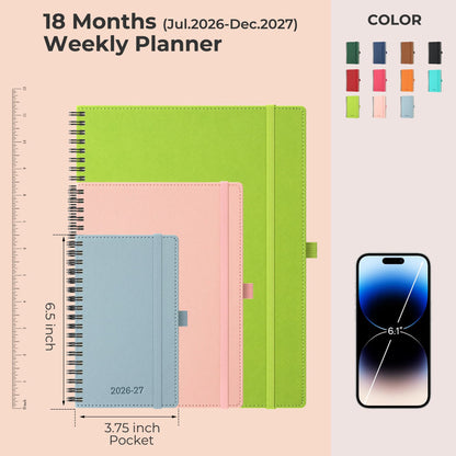 IN-LUXPRO Planner 2026-2027 Daily Weekly and Monthly,6.5"x3.75",18 Months Spiral Bound Calendar Agenda with Self-adhesive Pen Holder,2026 Academic Plan with Vegan Leather Soft Cover,Pink