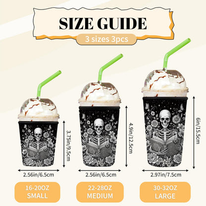 Skeleton Reading Iced Coffee Cup Sleeve 3 Pack, Gothic Floral Reusable Neoprene Holder, Book Lover Gifts for Men Women, Skull Theme Coffee Coolies Sleeves for Iced & Hot Drinks, Ideal Birthday Gift